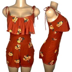New Brown Floral Summer Women Romper Size Small Stretchy Comfy Short Jumpsuit